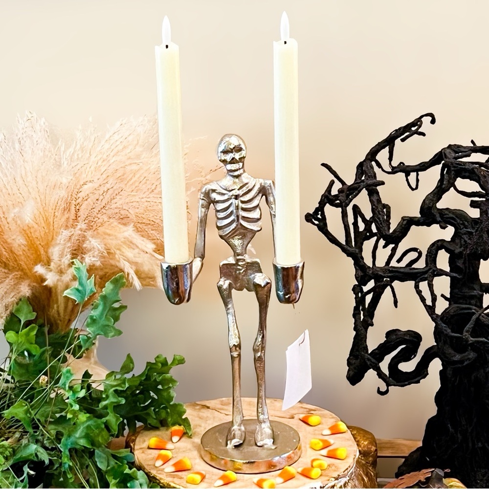 NEW Halloween Skeleton Silver Aluminum Taper Candle Holder